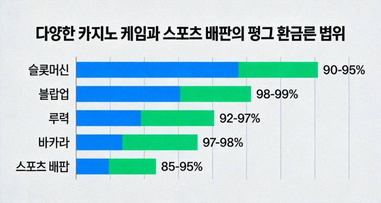 다양한 카지노 게임과 스포츠 배팅의 평균 환급률 범위를 보여주는 비교 차트