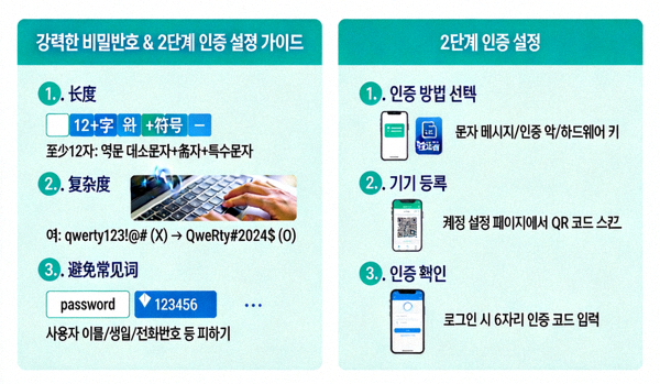 강력한 비밀번호 생성 방법과 2단계 인증 설정 화면을 단계별로 설명하는 정보 그래픽