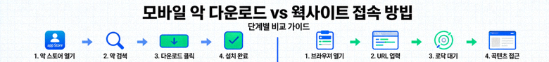모바일 앱 다운로드 단계와 웹사이트 접속 방법을 비교 설명하는 인포그래픽 배너