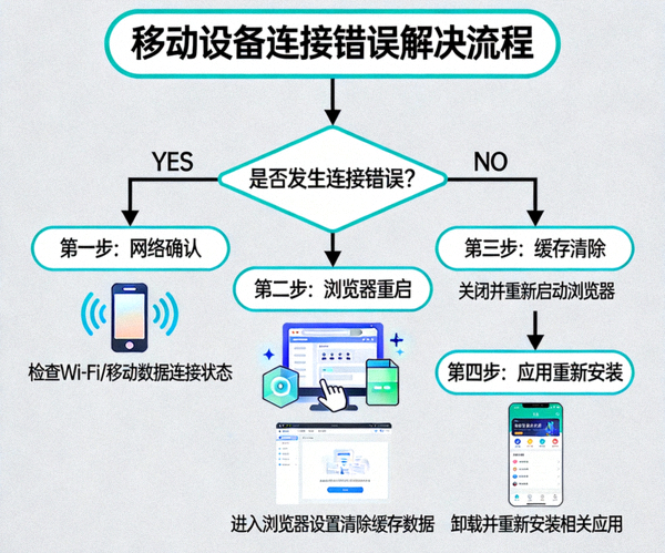 모바일 접속 오류 발생 시 네트워크 확인, 브라우저 재시작, 캐시 삭제, 앱 재설치 순서로 해결하는 과정을 설명하는 트러블슈팅 플로우 차트
