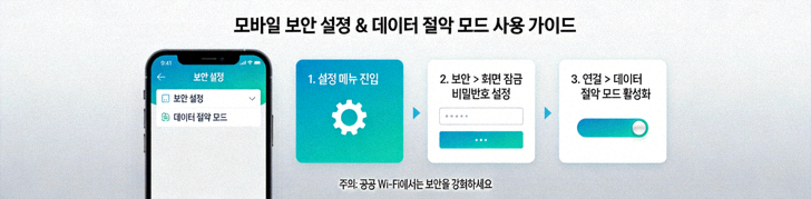 모바일에서의 보안 설정과 데이터 절약 모드 사용법을 안내하는 가이드 배너
