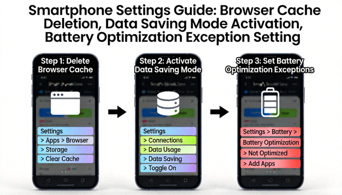 스마트폰 설정 화면에서 브라우저 캐시 삭제, 데이터 절약 모드 활성화, 배터리 최적화 예외 설정을 하는 방법을 보여주는 가이드 이미지